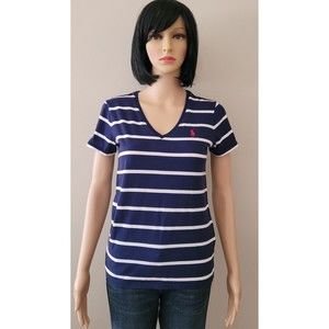 Womens Ralph Lauren Sport Size Small Blue And White Striped Short Sleeve Shirt